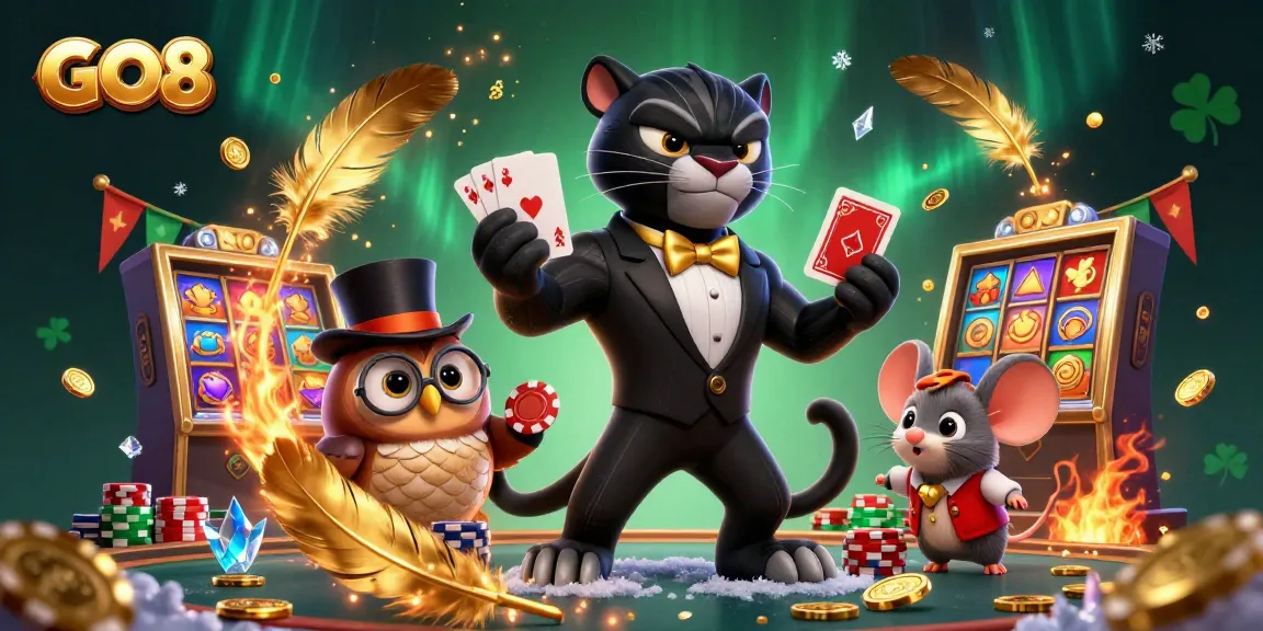 Experience GO8's vibrant casino action with a tuxedoed panther dealing cards amidst golden jackpot symbols and winnings.