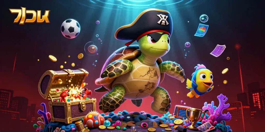 Bet on แทงบอล with excitement as a playful turtle and friends discover treasures in an underwater scene.