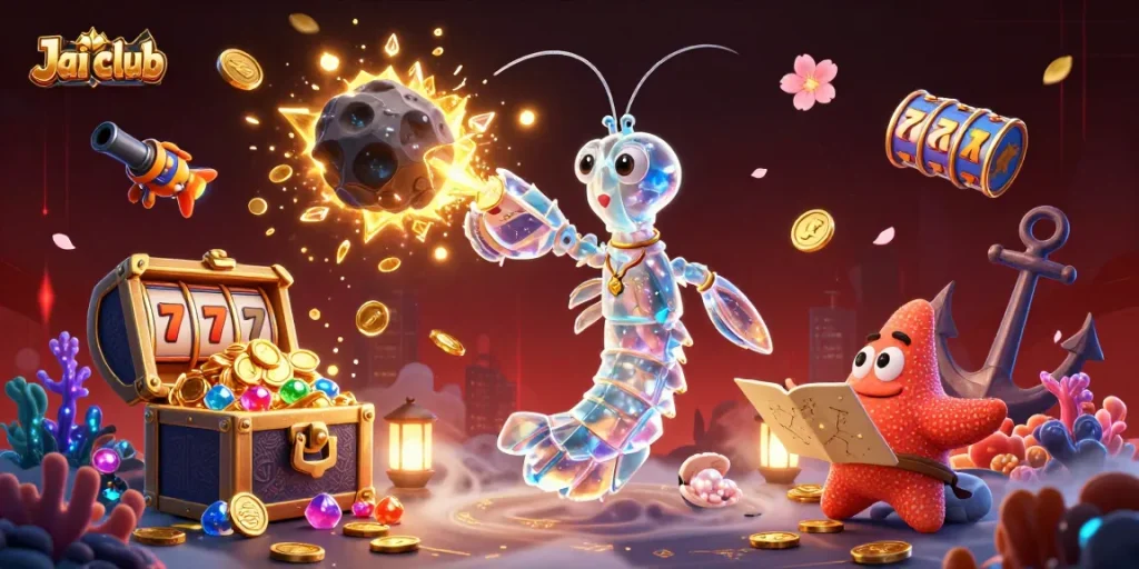 Engage with the thrilling Jai club experience featuring a galactic samurai shrimp battling for gems.