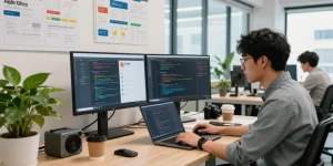 Developer coding in a modern workspace, showcasing 纸飞机中文版 as a key communication tool.