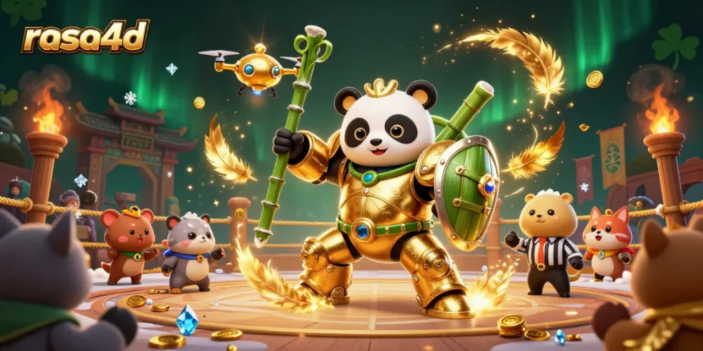 Mendukung permainan di dunia rasa4d, panda emas mengemudikan robot pertarungan dengan elemen kasino.