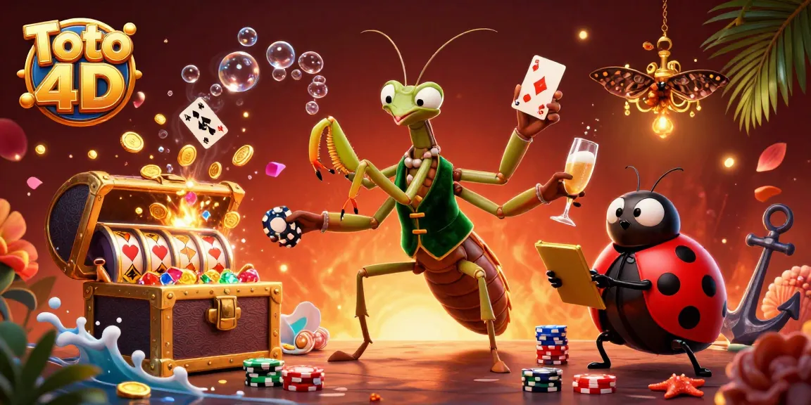 Engage with Toto 4D slots as a giant mantis deals cards and a ladybug oversees the vibrant casino scene.