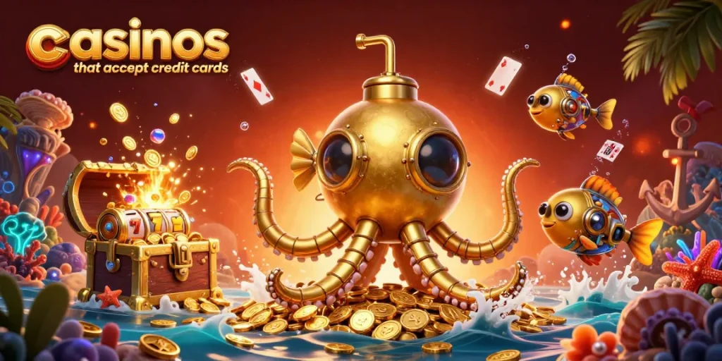Engage with thrilling casinos that accept credit cards featuring vibrant slot reels and gold coins.