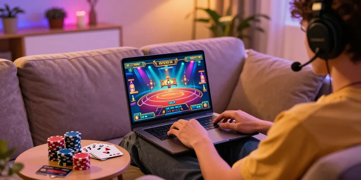 Exciting online gaming moment on https://scoarch.org.uk, player engaged with laptop, colorful casino graphics.