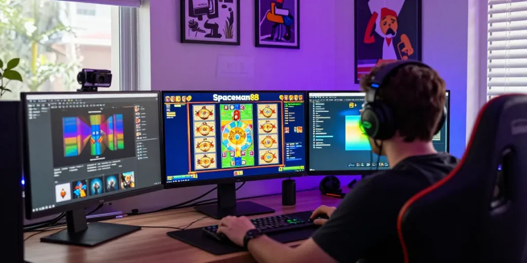 Player enjoying the Spaceman online slot game in a vibrant gaming setup.