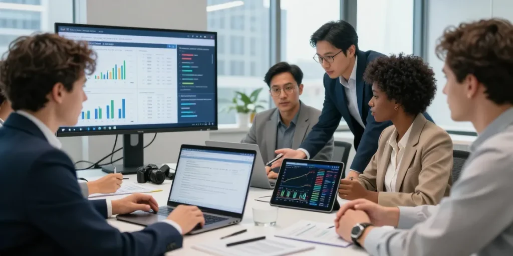Finance team discussing cibc cmo strategies in modern office.