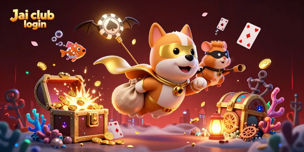Experience thrilling gameplay on Jai club login with a heroic dog and hamster amidst treasure and casino elements.