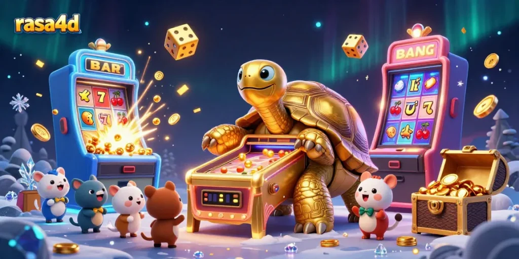 Rasa4d menghibur dengan slot jackpot dan karakter unik dalam ilustrasi kasino 3D.