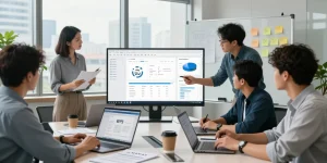 Team using WPS下载 for collaborative editing in a modern office setting.