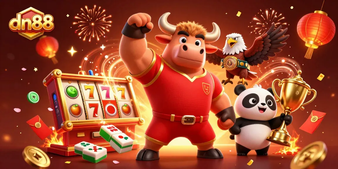 Engage with dn88's thrilling slot game atmosphere featuring a vibrant 3D scene of celebratory characters and dynamic game elements.