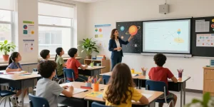 Vibrant classroom with a teacher presenting a solar system poster, capturing the essence of Poster Printers for schools.