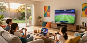 Family enjoying BlueSharkIPTV in a cozy living room with vibrant decor and snacks.