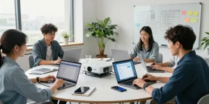 Developers collaborating on Telegram中文 language settings in a modern workspace.