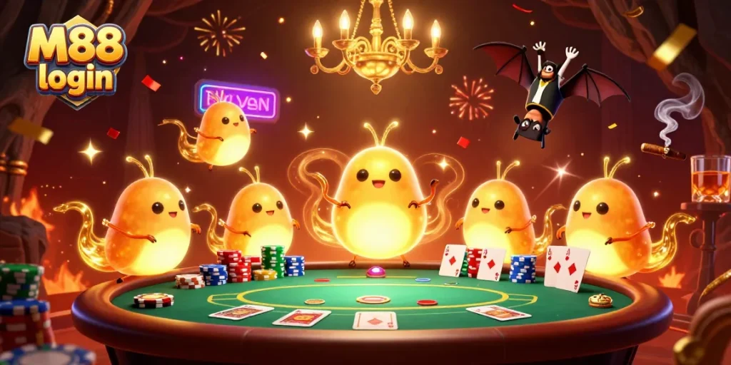 Experience the excitement of M88 login at the illuminated cave casino with glowworms and bat dealer!