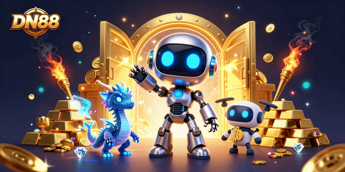Capture winnings at DN88 with vibrant 3D visuals showing a casino-themed robot mascot and treasures.