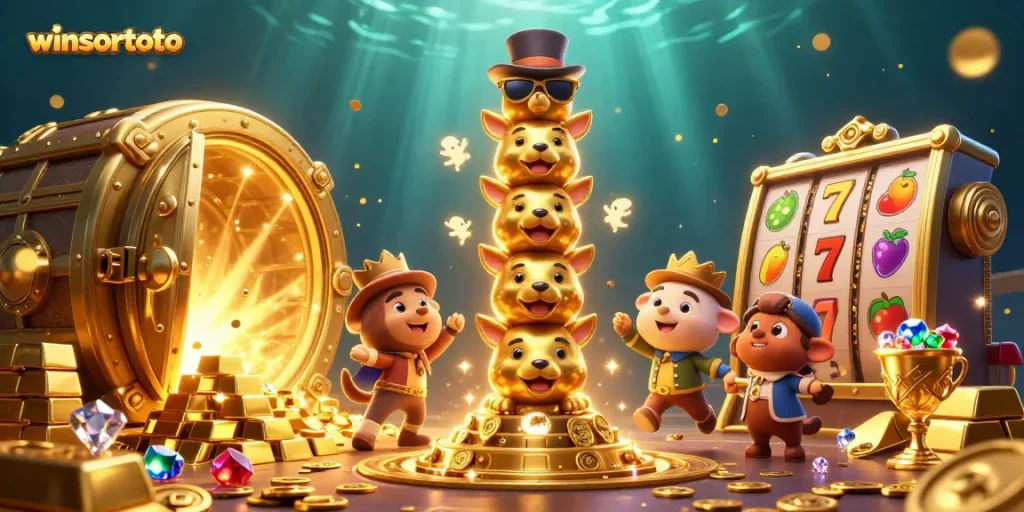 Menang di winsortoto dengan slot penuh warna dan harta karun berkilau di sekelilingnya.