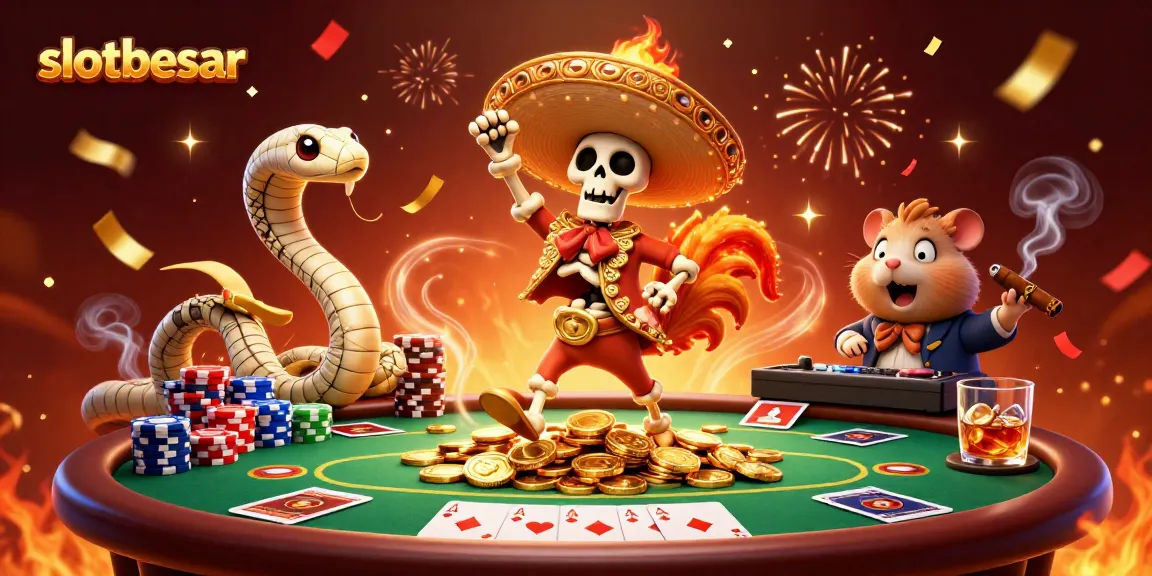 Experience thrilling wins with slotbesar, featuring a festive scene with a skeleton mariachi and vibrant casino elements.