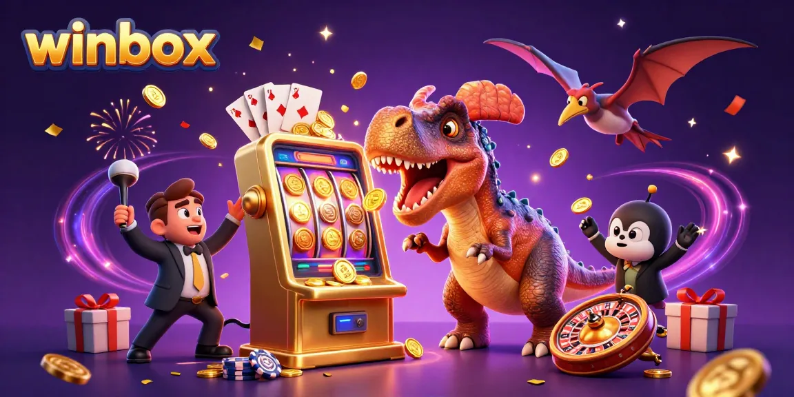 Winbox dynamic scene with casino characters celebrating a jackpot from a golden slot machine amidst flying coins.