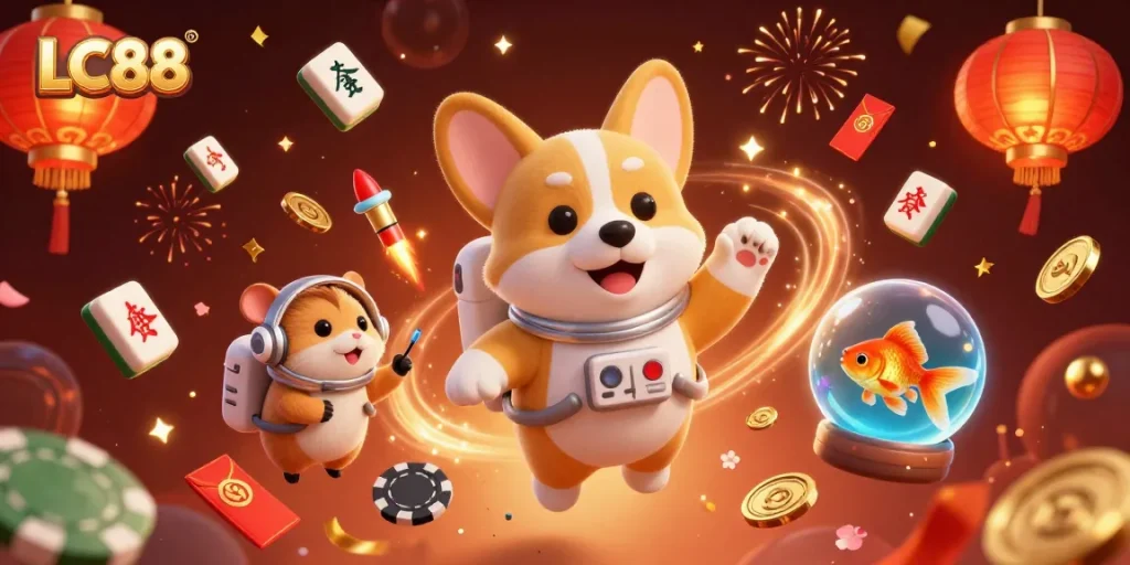 LC88 offers a thrilling gaming experience featuring vibrant scenes of an astronaut corgi in a casino.