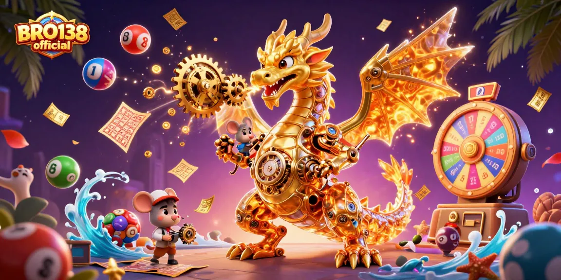 Spin and win with BRO138 official, featuring a dragon amidst vibrant gambling elements.