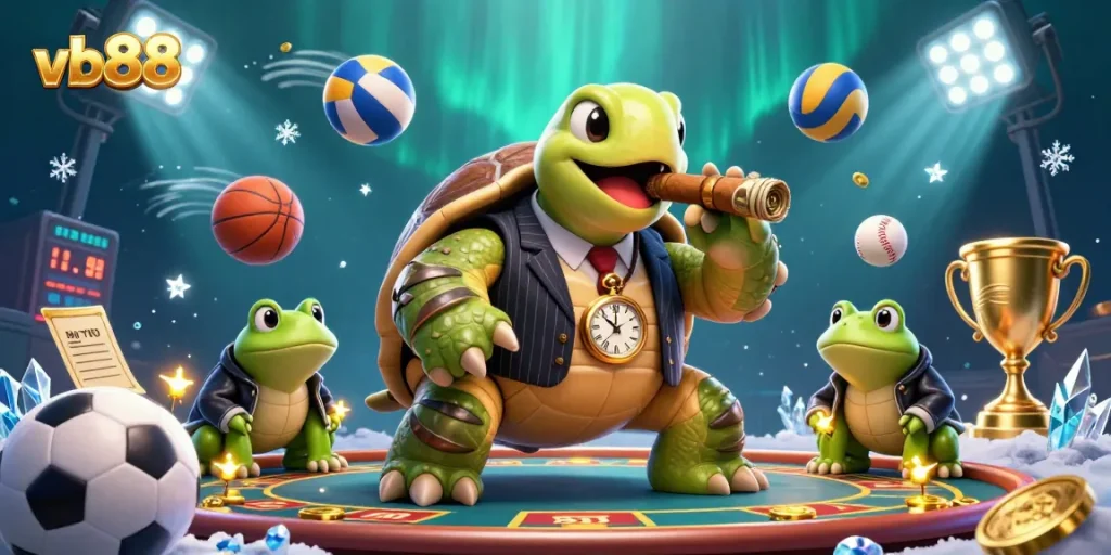 Engaging vb88 gaming scene with a mobster turtle and frog enforcers amidst lively sports betting elements.