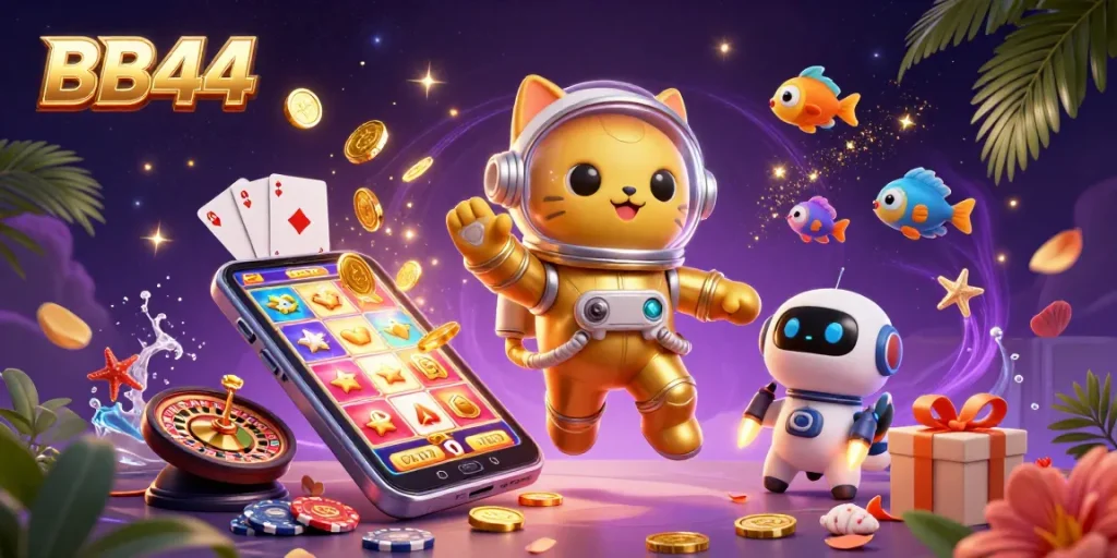 Engage in exciting slots at BB44 featuring a floating astronaut cat, robot dog, and vibrant alien fish.