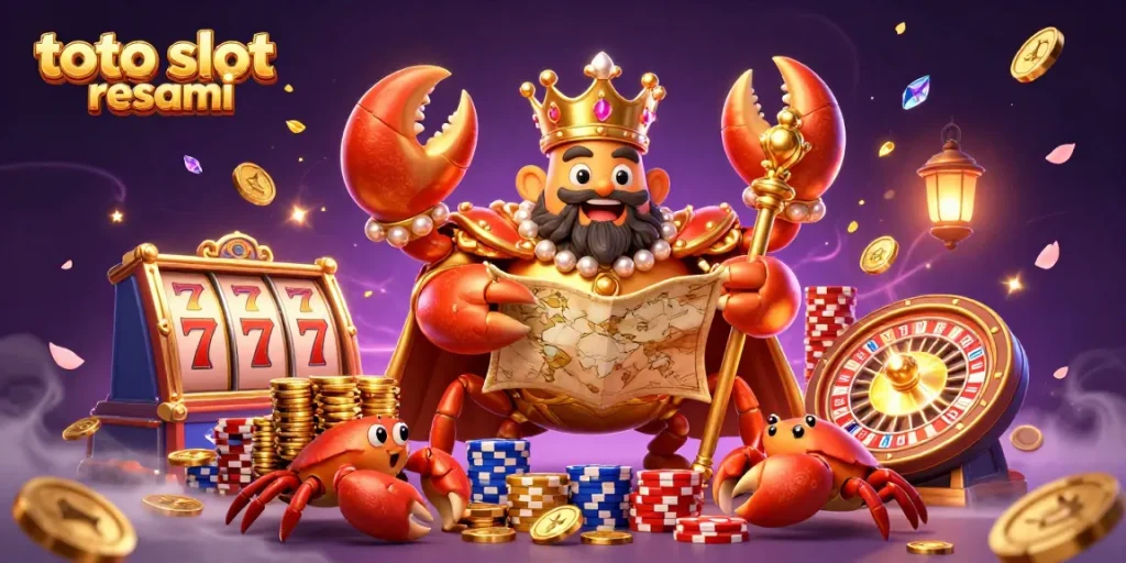 Experience thrilling gameplay with toto slot resmi, featuring a golden crab emperor and slot machines bursting with action.