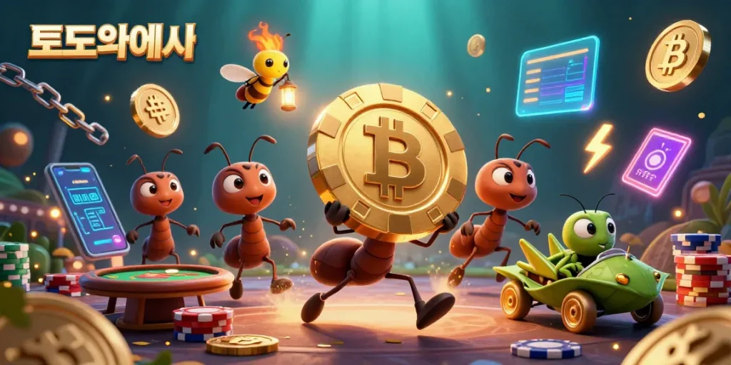 Experience thrilling poker action in a vibrant 토토사이트 scene with ants, crypto elements, and dynamic heist motifs.