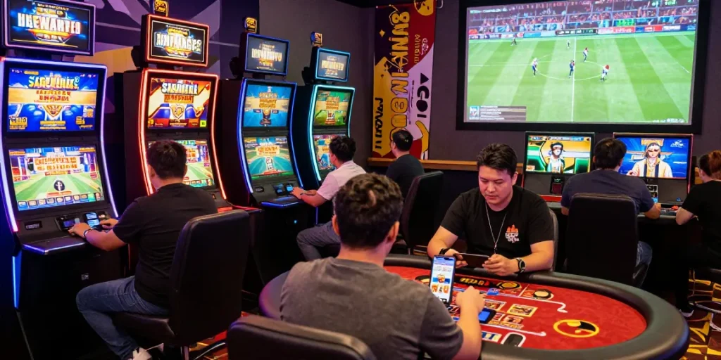 Players immersed in diverse gaming experiences at raja328 situs with vibrant screens and interactive elements