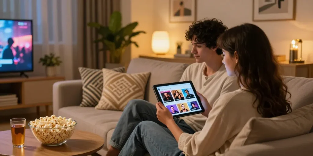 Couple enjoying سكس عرب content on tablets in a cozy living room with soft lighting and modern decor.