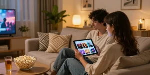 Couple enjoying سكس عرب content on tablets in a cozy living room with soft lighting and modern decor.