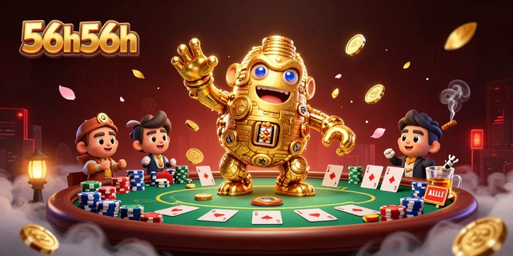 Engage with the action at 56h56h featuring a dynamic poker scene with a golden golem