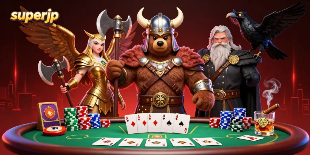 Experience thrilling poker action with superjp in an epic Viking and Valkyrie showdown.