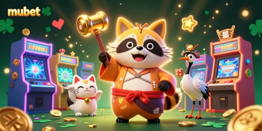 mubet's vibrant casino scene features a cheerful tanuki and fortune cats surrounded by dynamic game elements.