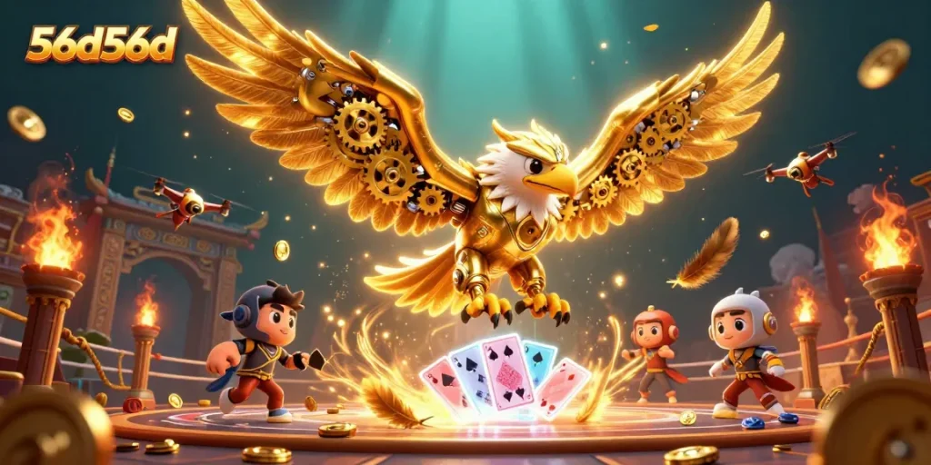 Engage with thrilling action at 56d56d featuring a cybernetic eagle amidst holographic cards