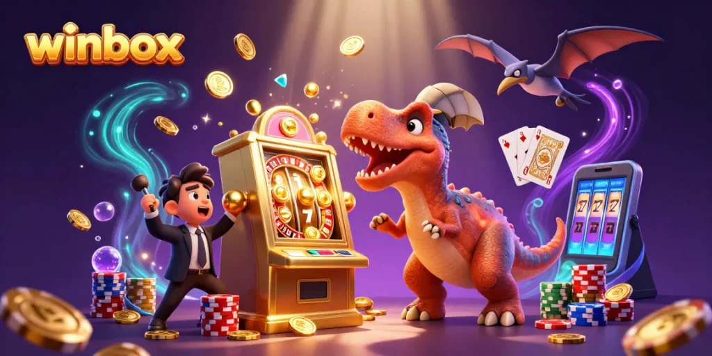 Winbox combines thrilling slots with casino action as a dinosaur celebrates a jackpot.