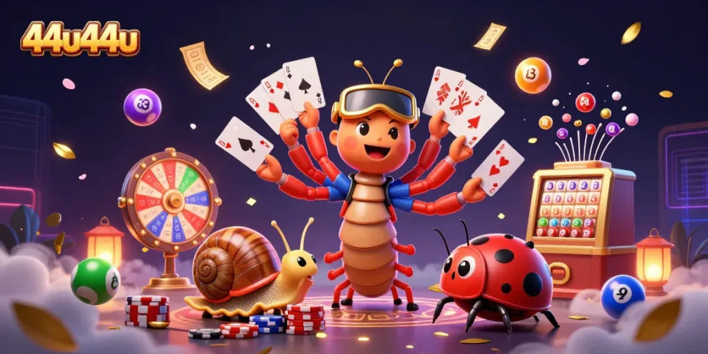 Engage with vibrant scenes from 44u44u as lottery elements and lively characters create excitement.