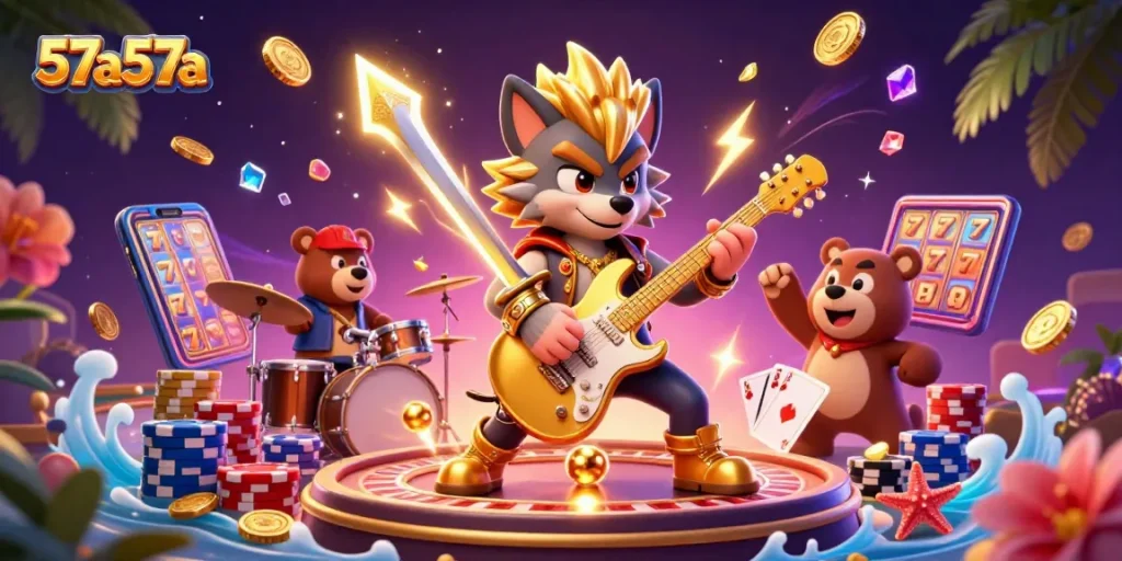 Experience the excitement of 57a57a with a dynamic casino illustration featuring a rock star wolf, coins, and vibrant games.