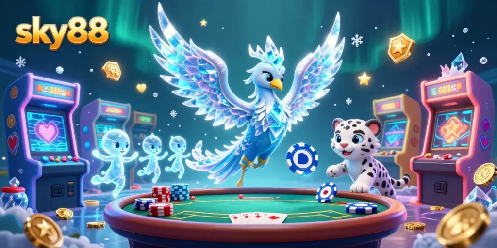 Engage with sky88's vibrant 3D casino scene showcasing a poker gaming experience.