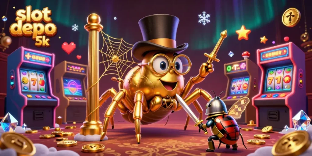 Engage in exciting casino fun with the slot depo 5k, featuring colorful characters and game elements.