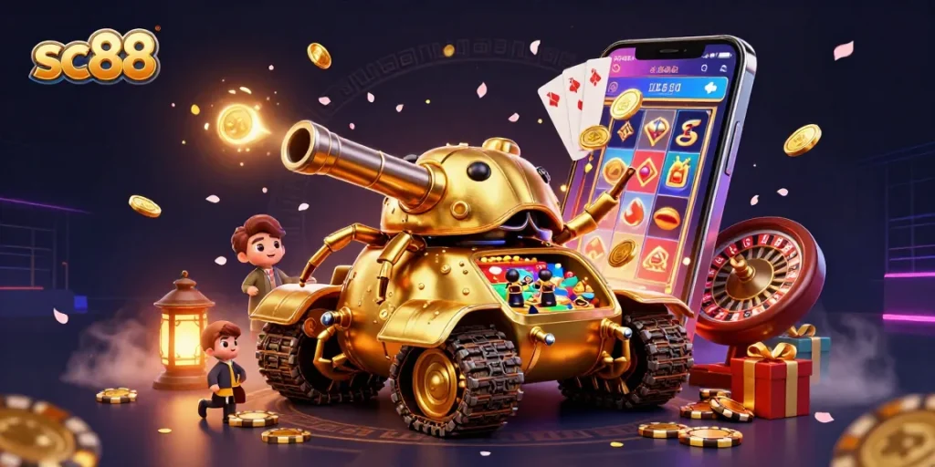 Experience the excitement of sc88 with a vibrant casino scene featuring a golden beetle tank and slot games.