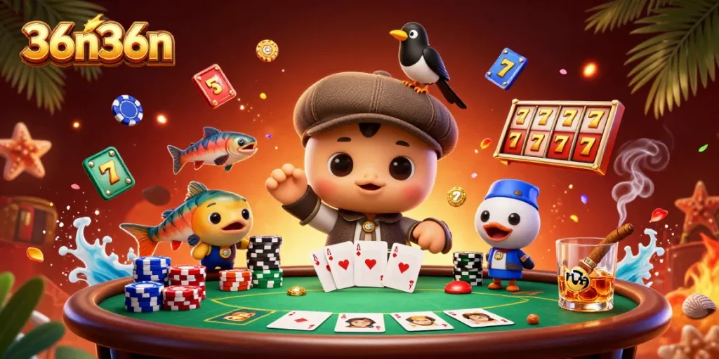 Win big with 36n36n in a vibrant casino scene featuring baby Nessie and poker elements.