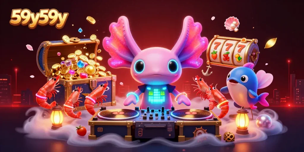 Join the underwater fun with 59y59y, showcasing a lively casino scene featuring a neon axolotl DJ.