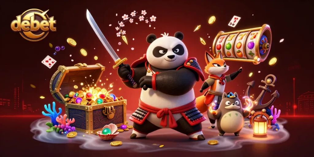 Engage in winning strategies with debet in an animated 3D casino scene featuring samurai panda and ninja fox.