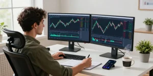 Trader analyzing forex market data on MetaTrader 4 in a vibrant home office setting.