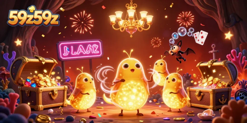 Engage with the vibrant 59z59z casino experience filled with glowing elements and playful characters.