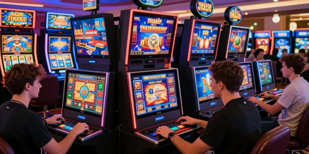 British players exploring international casinos at SSSK, enjoying diverse games and payment options in a vibrant gaming atmosphere.