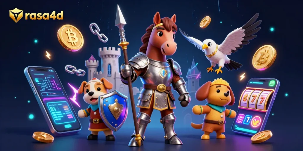 Permainan kasino rasa4d dengan karakter ksatria dan koin cryptocurrency mengelilingi jackpot