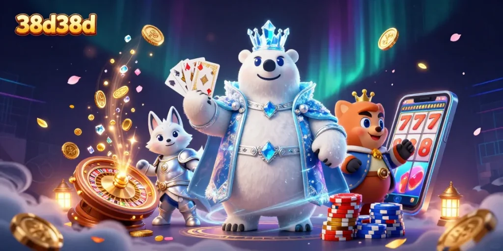 Experience the thrill of 38d38d with vibrant 3D gaming elements and characters in an exciting casino scene.