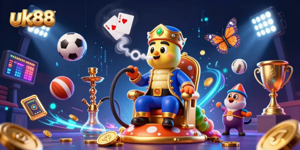 Experience the excitement of uk88 with a dynamic 3D illustration featuring a Turkish sultan caterpillar with poker symbols.